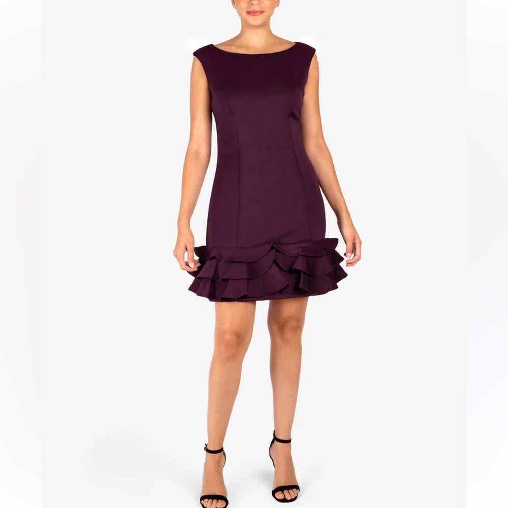 Maia size 12 scuba midi purple dress with flowers ruffles on the bottom.